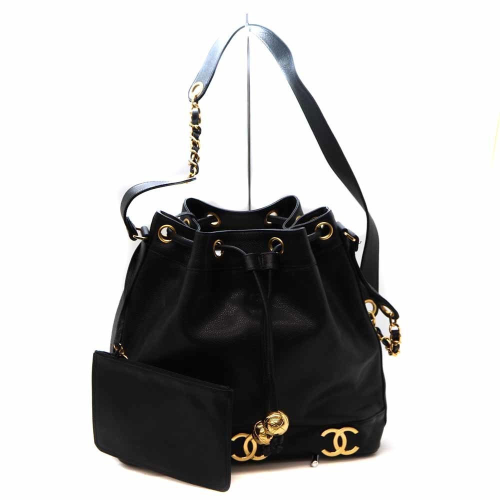Chanel Triple Coco Caviar Skin Drawstring Bag Black
